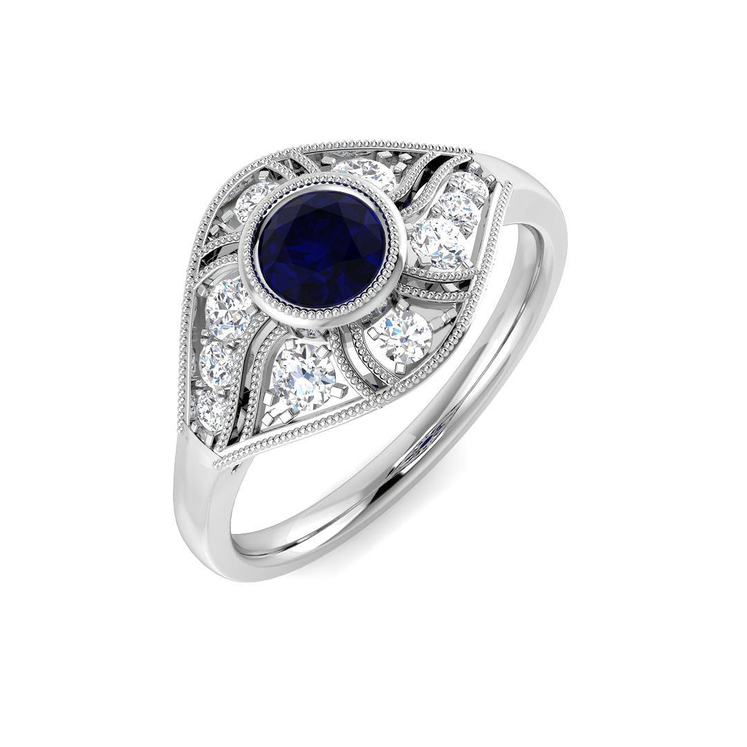Vintage Blue Sapphire Halo Ring in Milgrain Round Pave Set | Engagement Ring