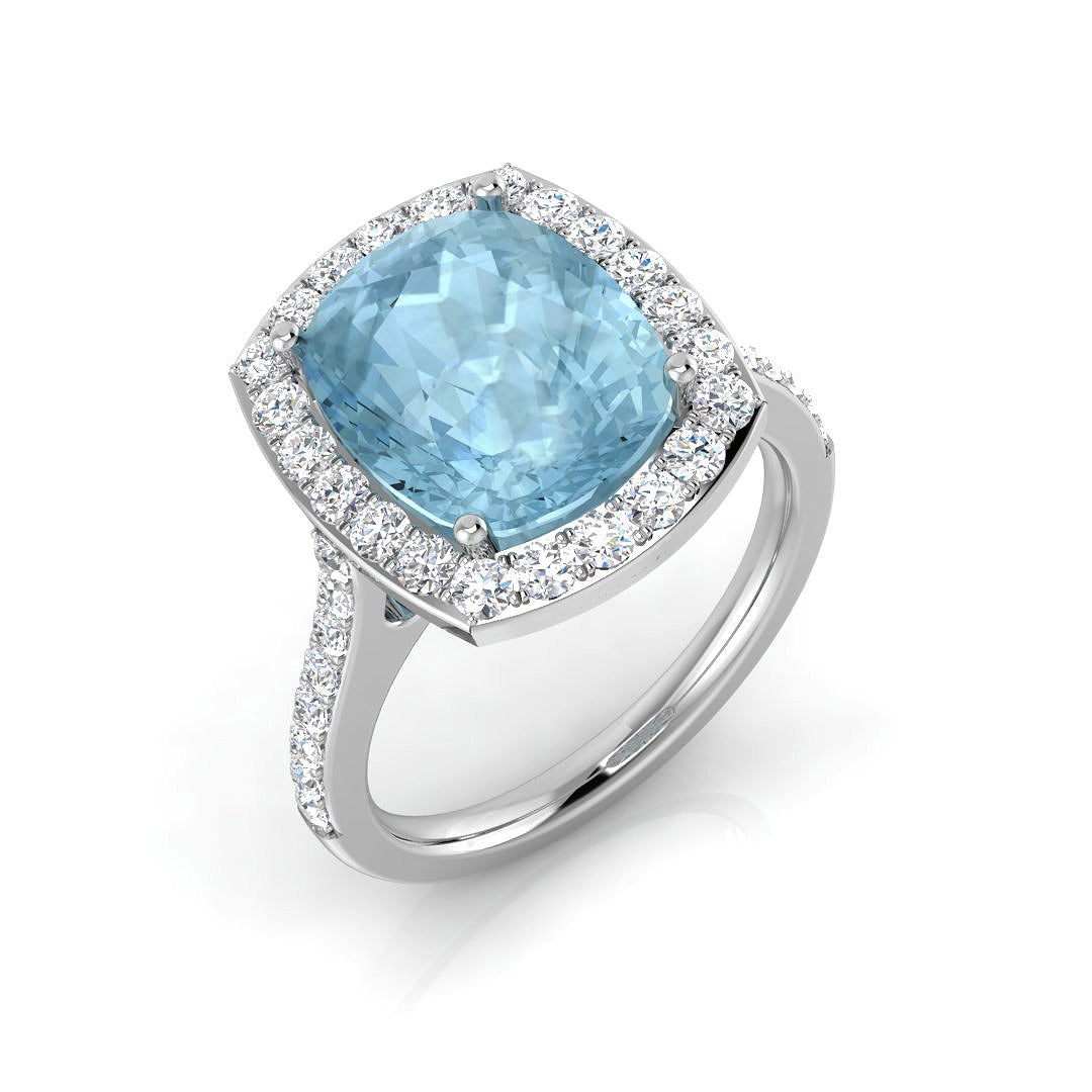 Cushion Cut Aquamarine Halo Ring with Diamond Pave Band in White Gold