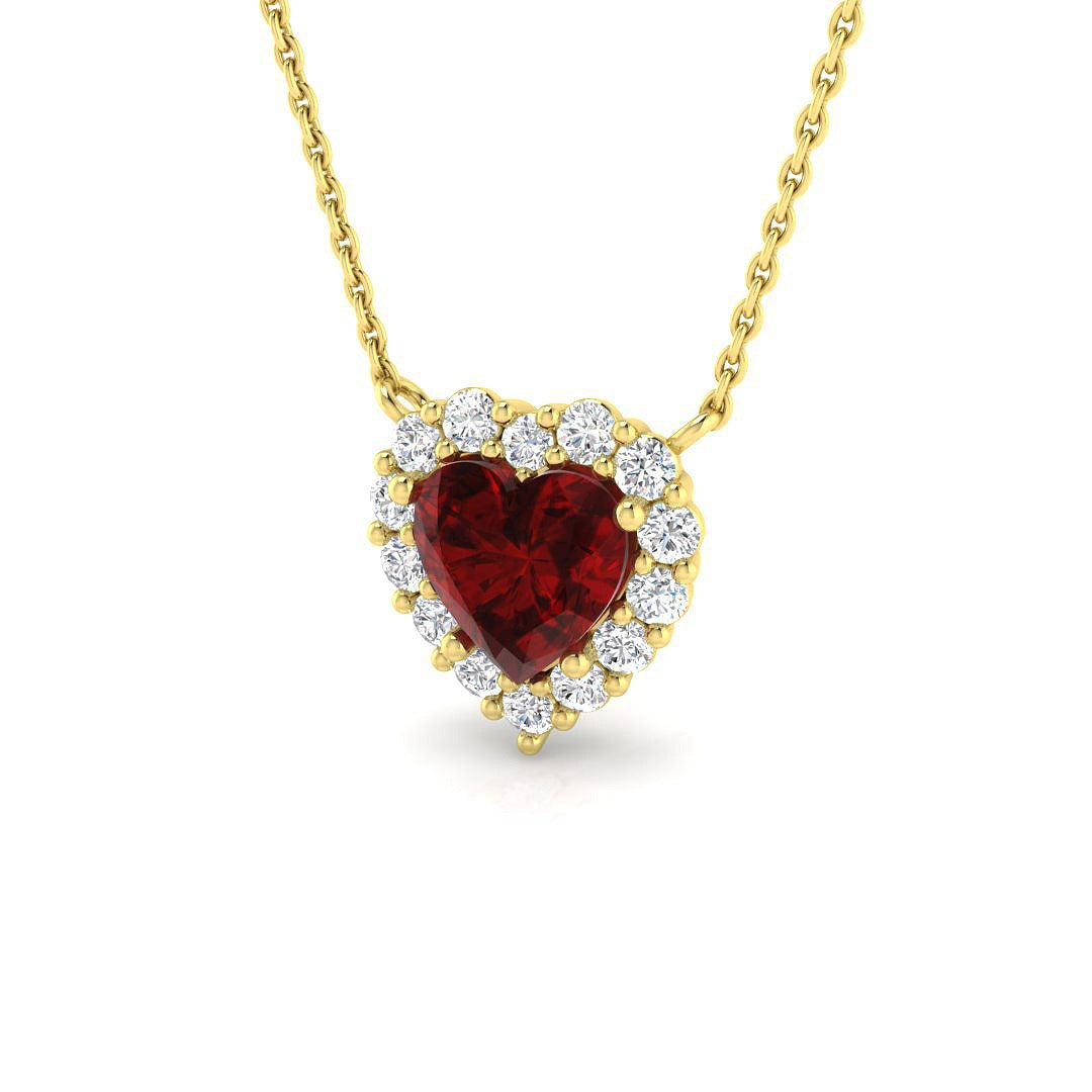 Heart Ruby Diamond Halo Pendant Necklace | Gold or Platinum | UK Made