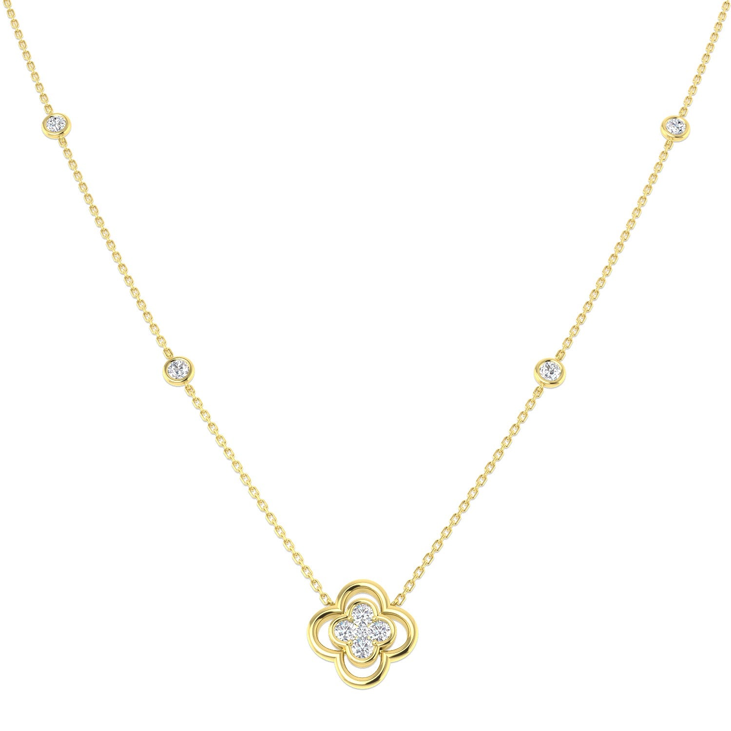 Gold necklace with a clover-shaped pendant on a white background