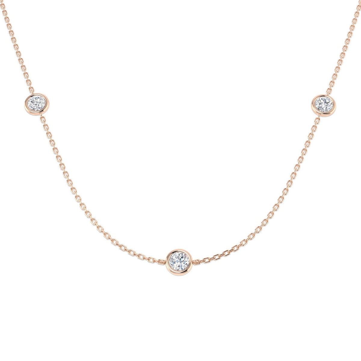 Rose gold necklace with small round diamonds on a white background