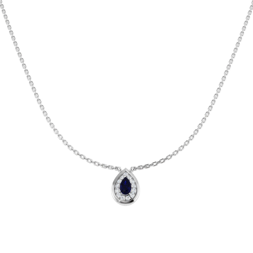 Teardrop-shaped pendant with a blue gemstone on a silver chain against a white background