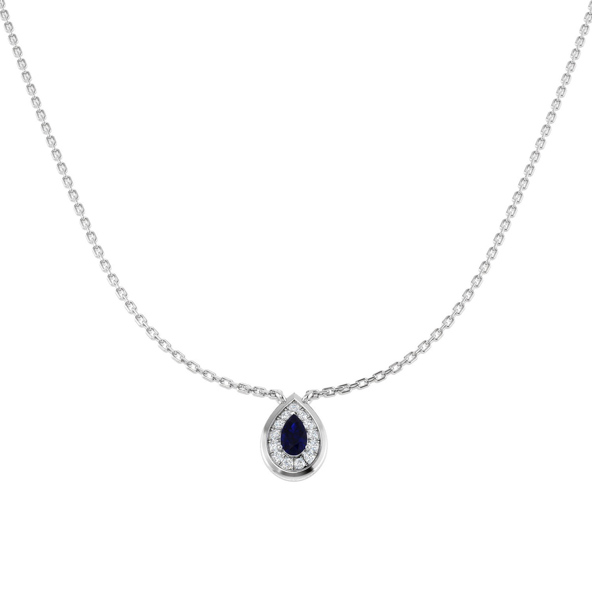 Teardrop-shaped pendant with a blue gemstone on a silver chain against a white background