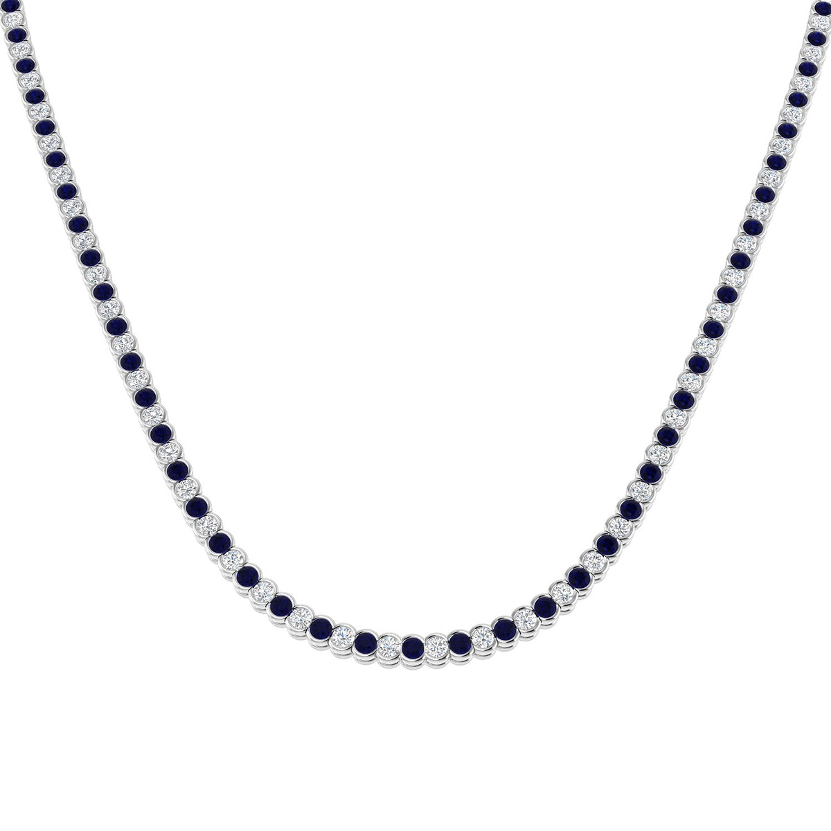 Blue Sapphire Tennis Necklace with Diamond Bezel Set Design