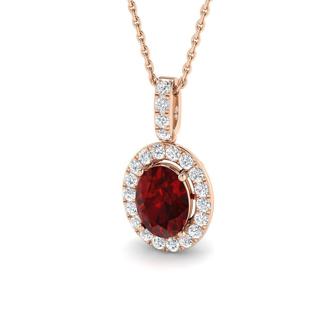 Oval Ruby Diamond Halo Pendant in Gold Without Chain