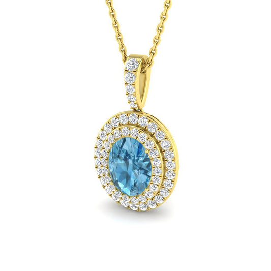 Oval Blue Topaz Double Halo Diamond Pendant Necklace | UK Marked