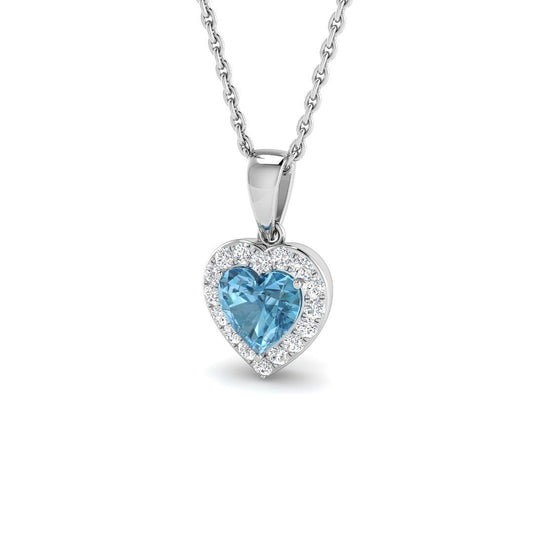 Heart Shaped Blue Topaz Pendant | Diamond Halo Pendant without Chain