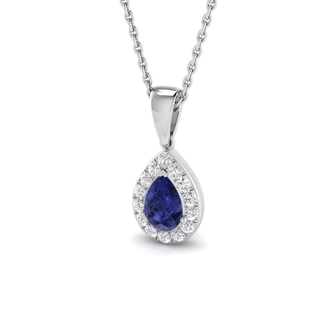 Pear Tanzanite Diamond Halo Pendant in White Gold