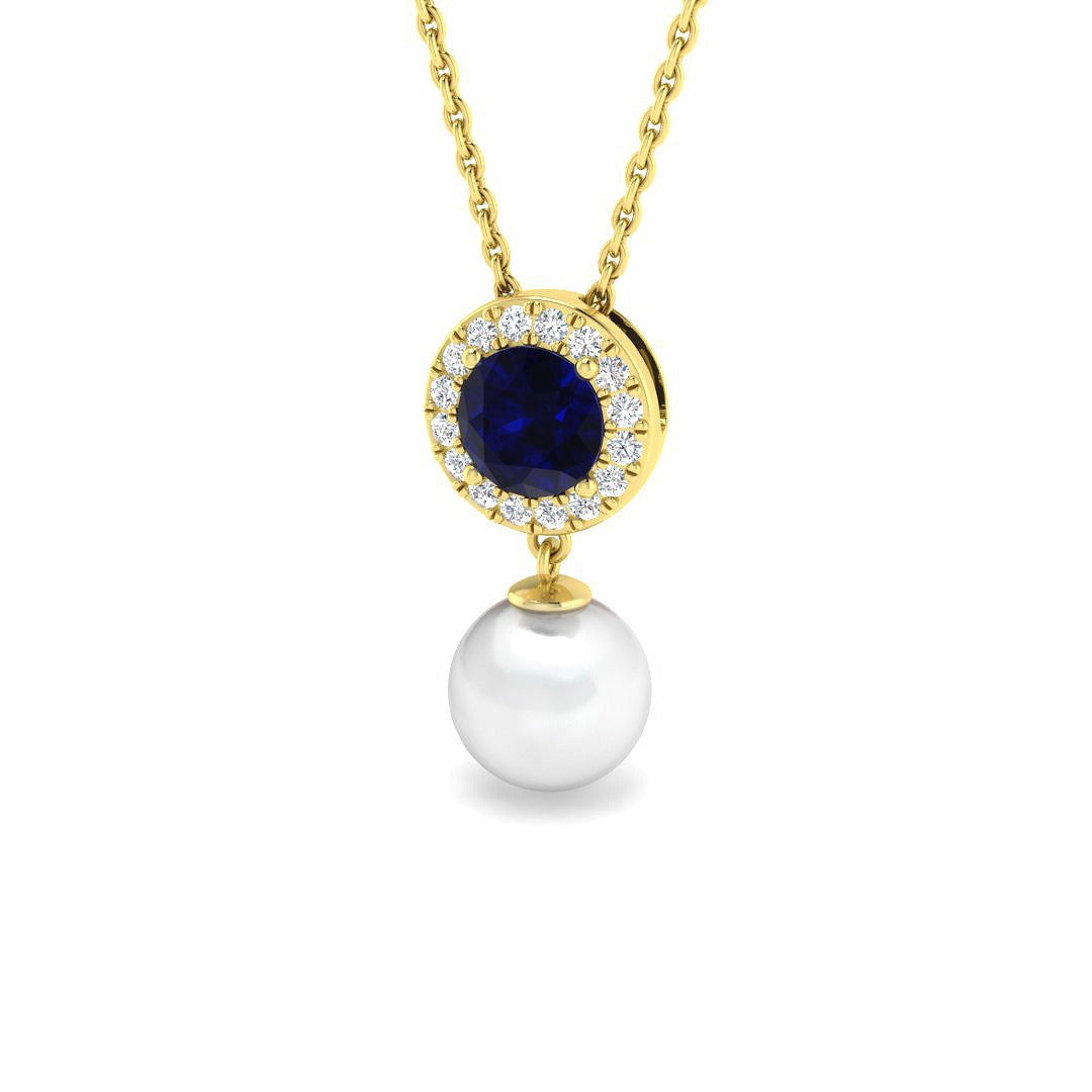 Blue Sapphire & Pearl Pendant 4ct Gold Necklace (Lab & Natural Diamonds)