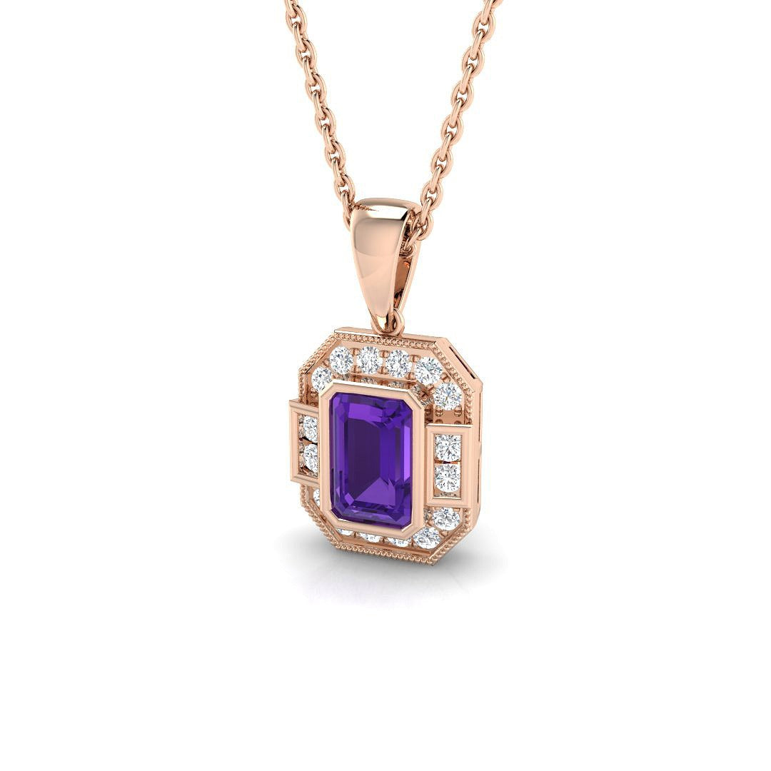 Solitäranhänger mit Amethyst und natürlichem Diamanten in 9-karätiger Goldfassung (Februar-Edelstein, ohne Kette)