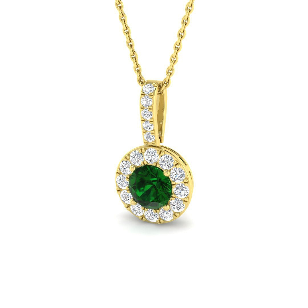 Round Emerald Diamond Halo Pendant in Gold Without Chain