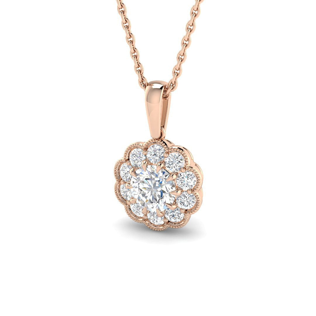 Rose gold necklace with a diamond pendant on a white background