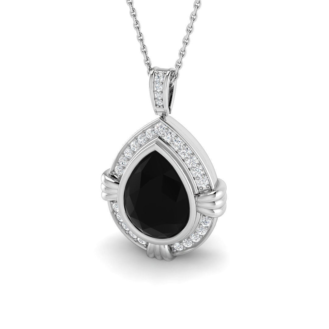Silver pendant with a black teardrop stone and diamond accents on a white background