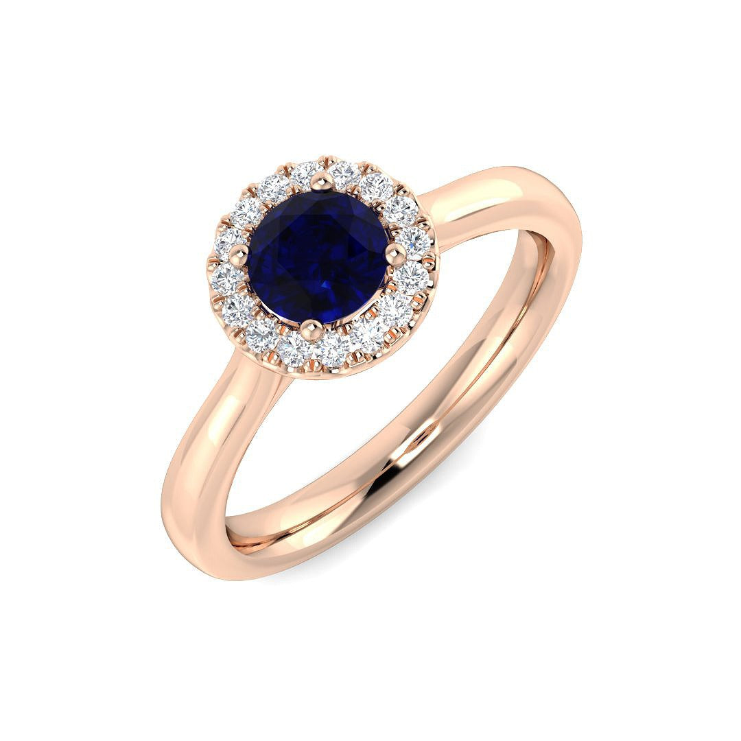 Diamond Blue Sapphire Halo Ring with Round Natural Pave Diamond | Gemstone Ring