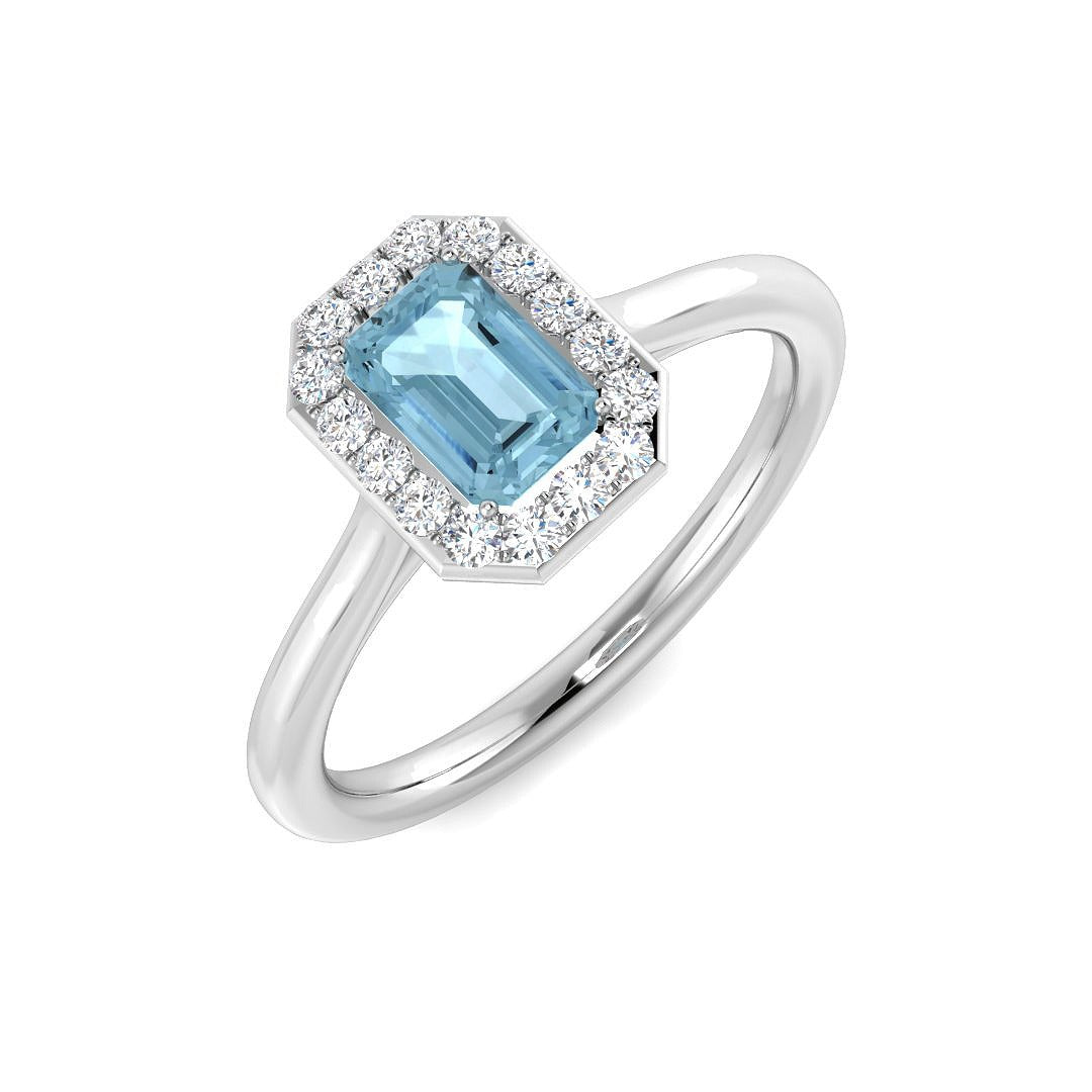Emerald Cut Aquamarine Halo Ring in White Gold