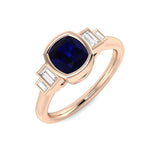 Bezel Set Cushion Blue Sapphire Three Stone Diamond Engagement Ring