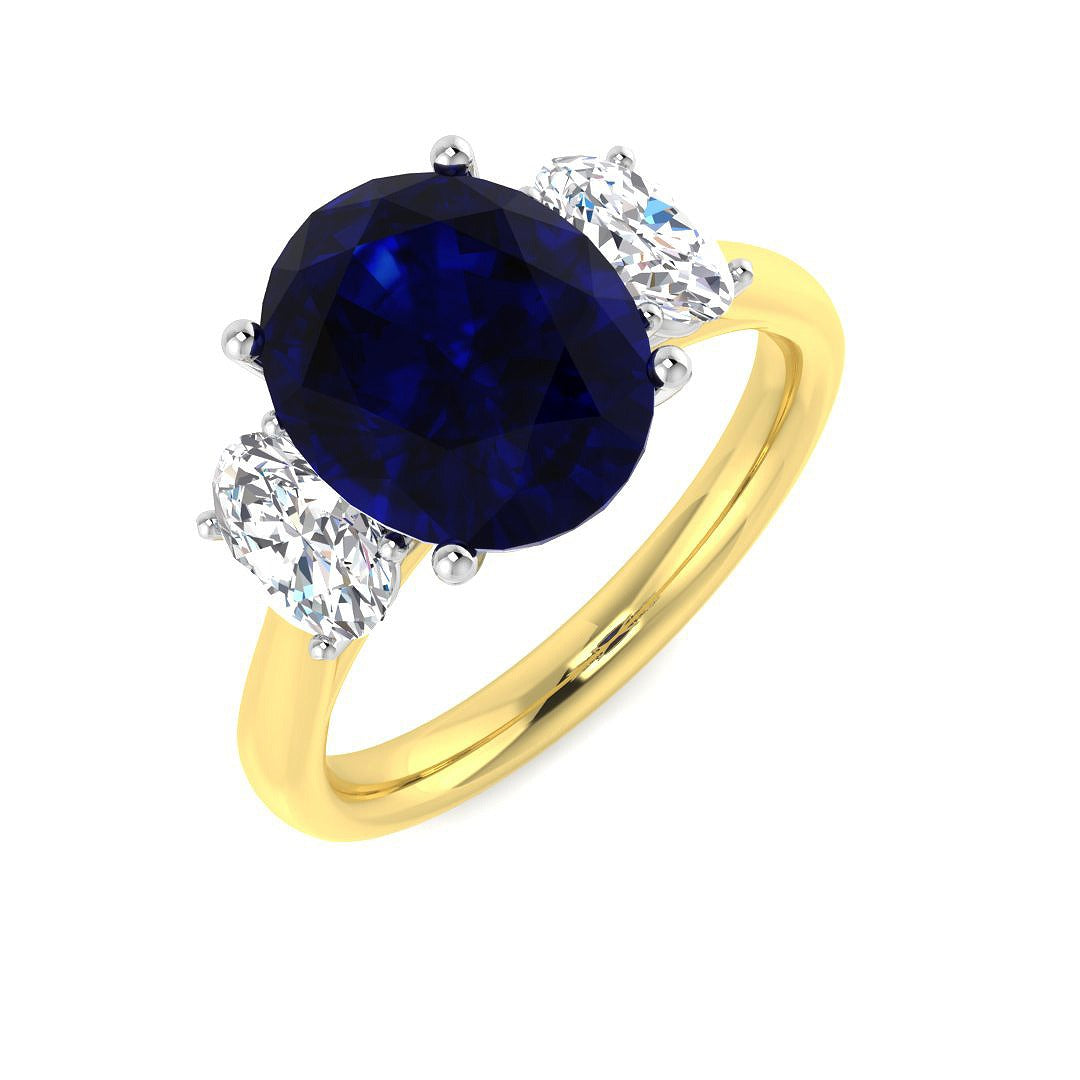Blue Sapphire Ring, Oval Sapphire Ring, Diamond Side Stone Ring
