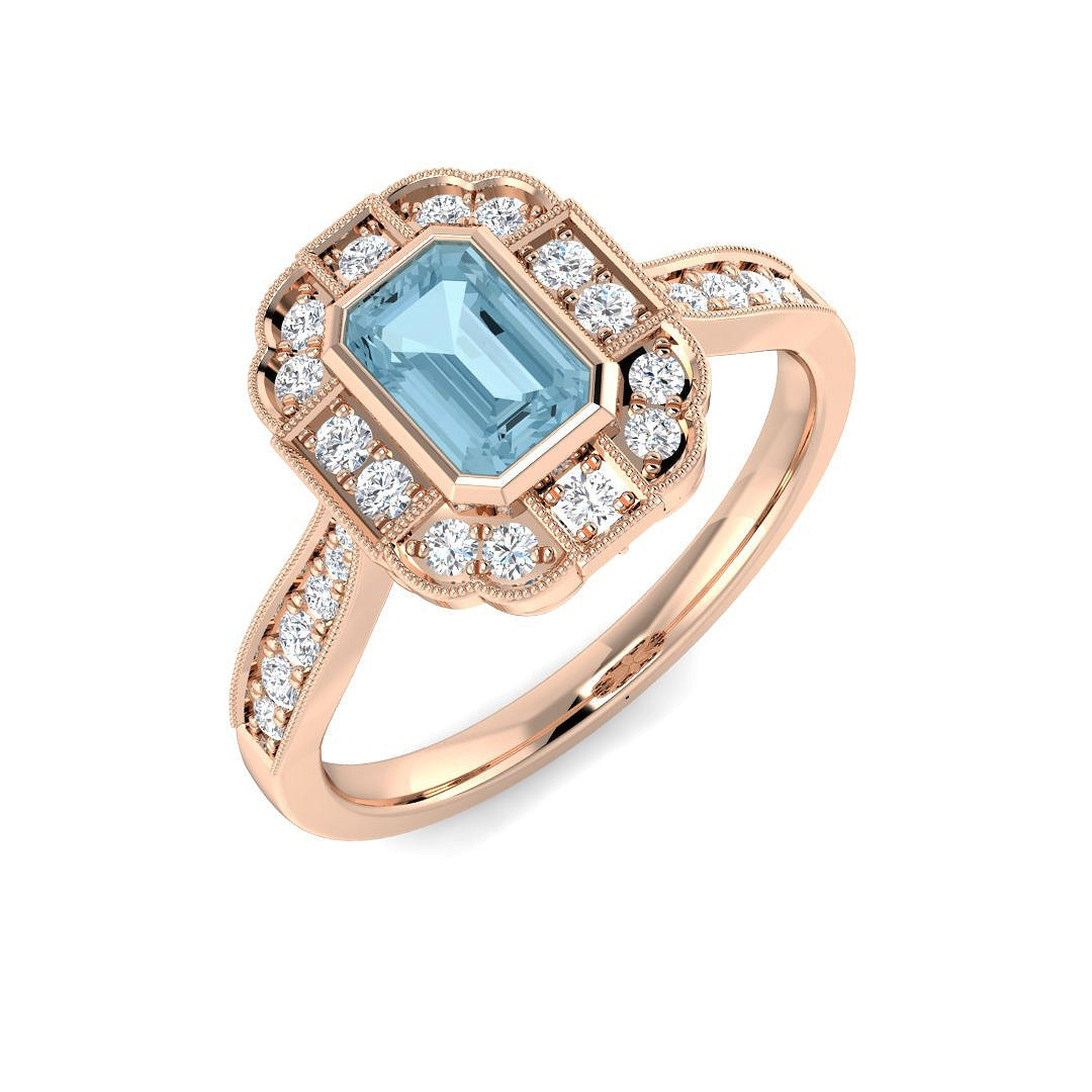 Side Profile Emerald Cut Aquamarine Ring with Milgrain Detailing