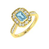 Yellow Gold Emerald Cut Aquamarine Ring with Round Pavé Diamonds