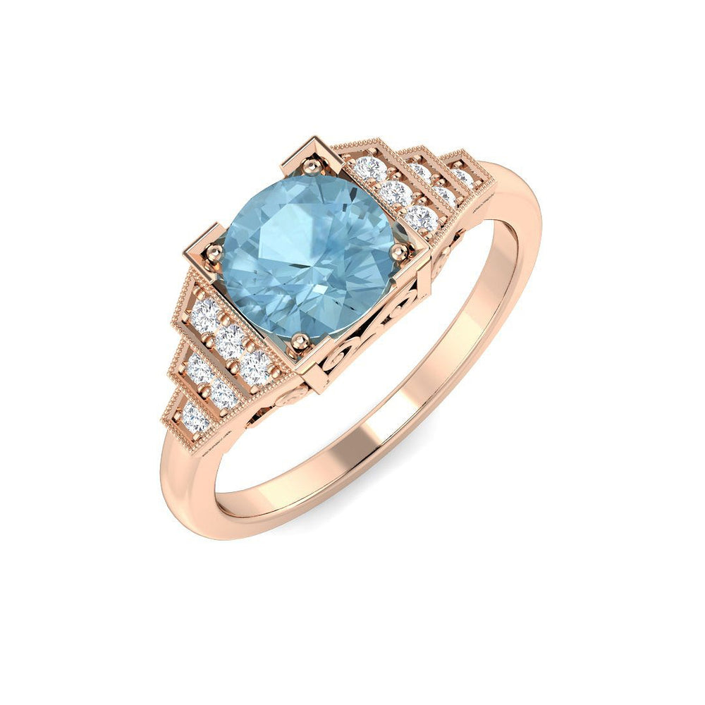 Round Cut Aquamarine Ring with Pavé Diamond Side Accents in White Gold