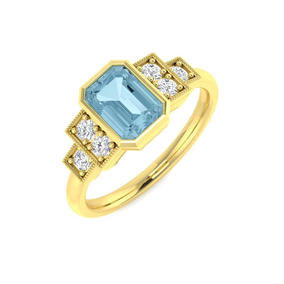 Vintage Emerald Cut Aquamarine Ring with Diamond Side Stones