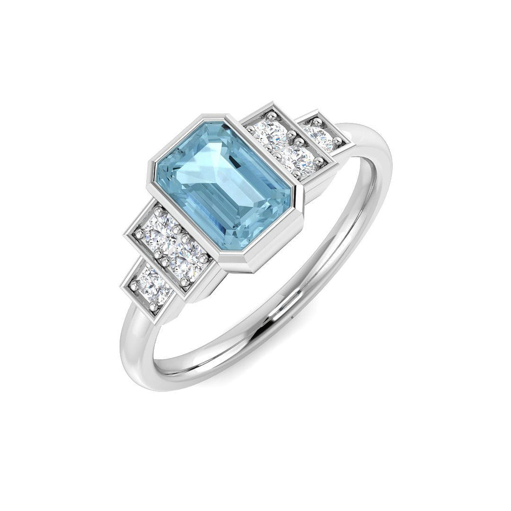 Emerald Cut Aquamarine Ring with Diamond Pave Side Accents in White Gold