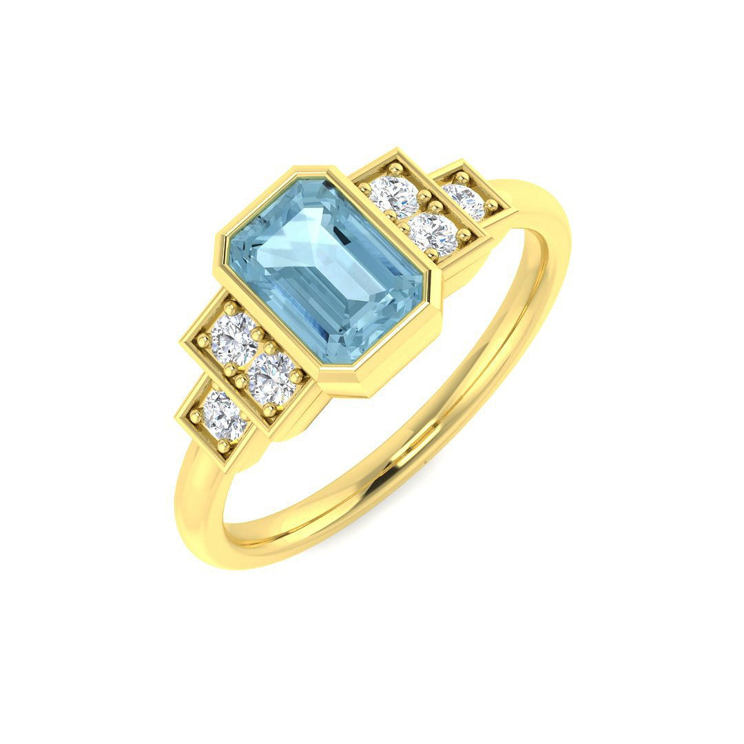 Yellow Gold Emerald Cut Aquamarine Ring with Pave Diamonds