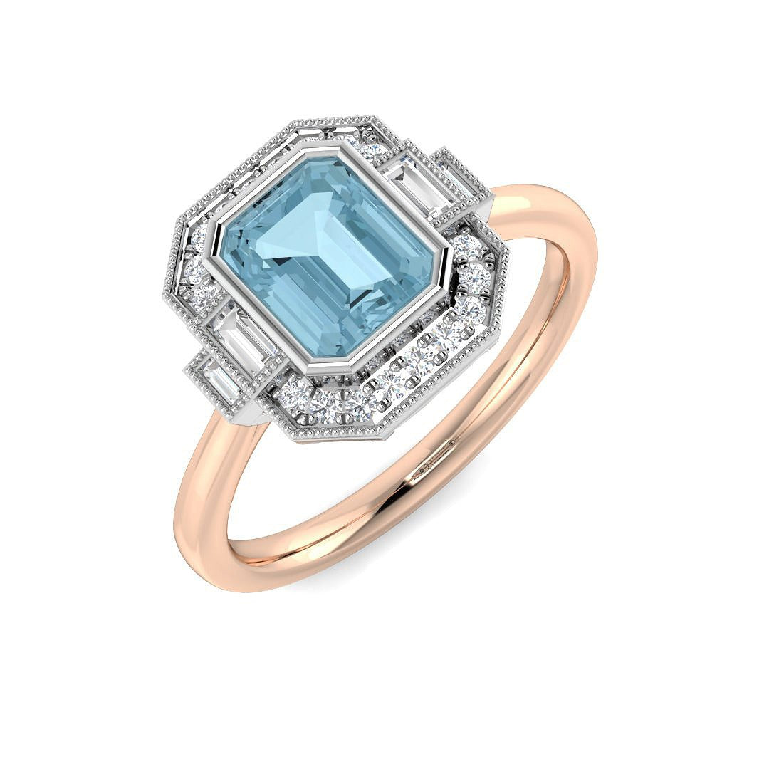 Rose Gold Emerald Cut Aquamarine Ring with Diamond Halo