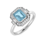 Emerald Cut Aquamarine Ring with Natural Diamonds in White Gold