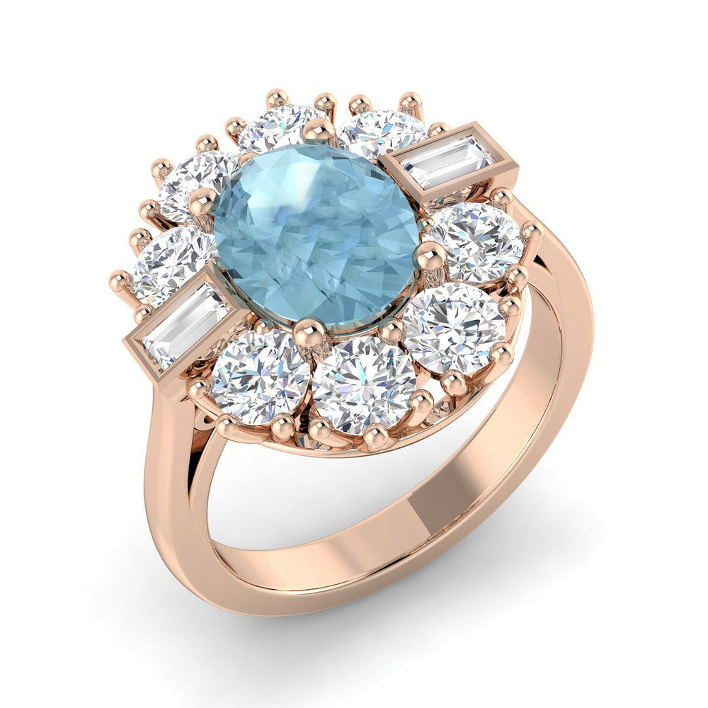 Rose Gold Oval Cut Aquamarine Ring with Diamond Halo