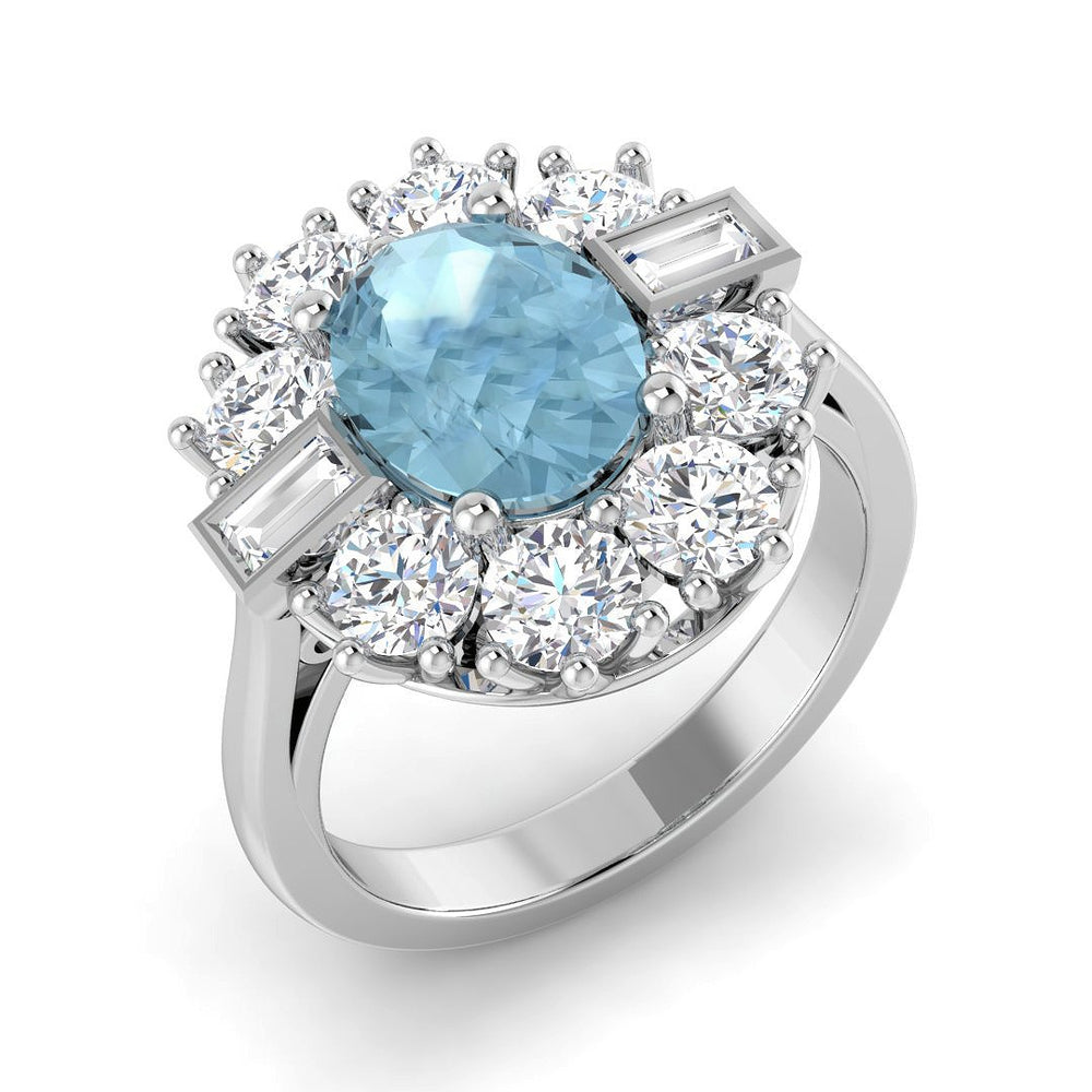 Oval Cut Aquamarine Ring with Natural Diamond Side Accents in White Gold