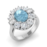Oval Cut Aquamarine Ring with Natural Diamond Side Accents in White Gold