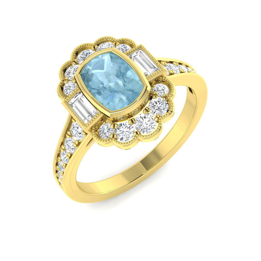 Vintage Cushion Cut Aquamarine Ring with Diamond Halo