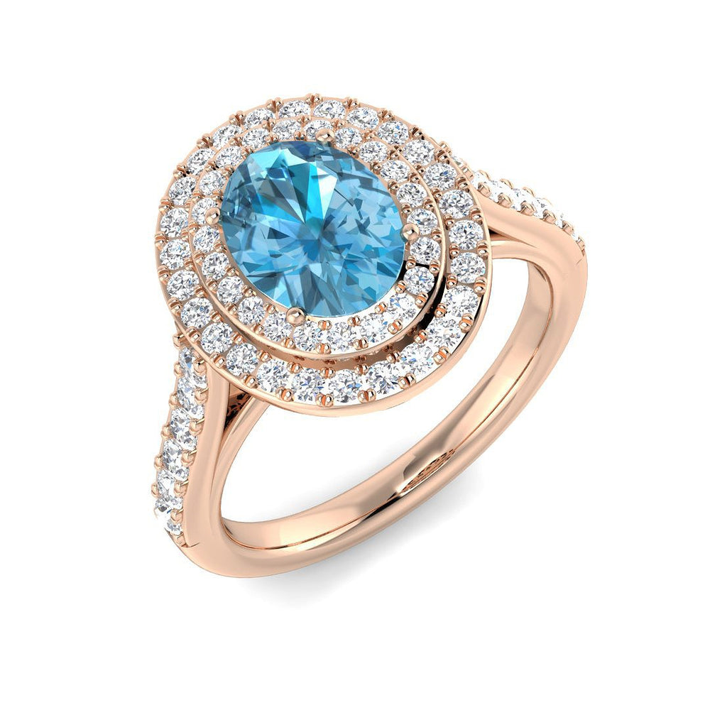 Side View Blue Topaz Double Halo Ring with Round Pave Diamonds