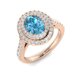 Side View Blue Topaz Double Halo Ring with Round Pave Diamonds