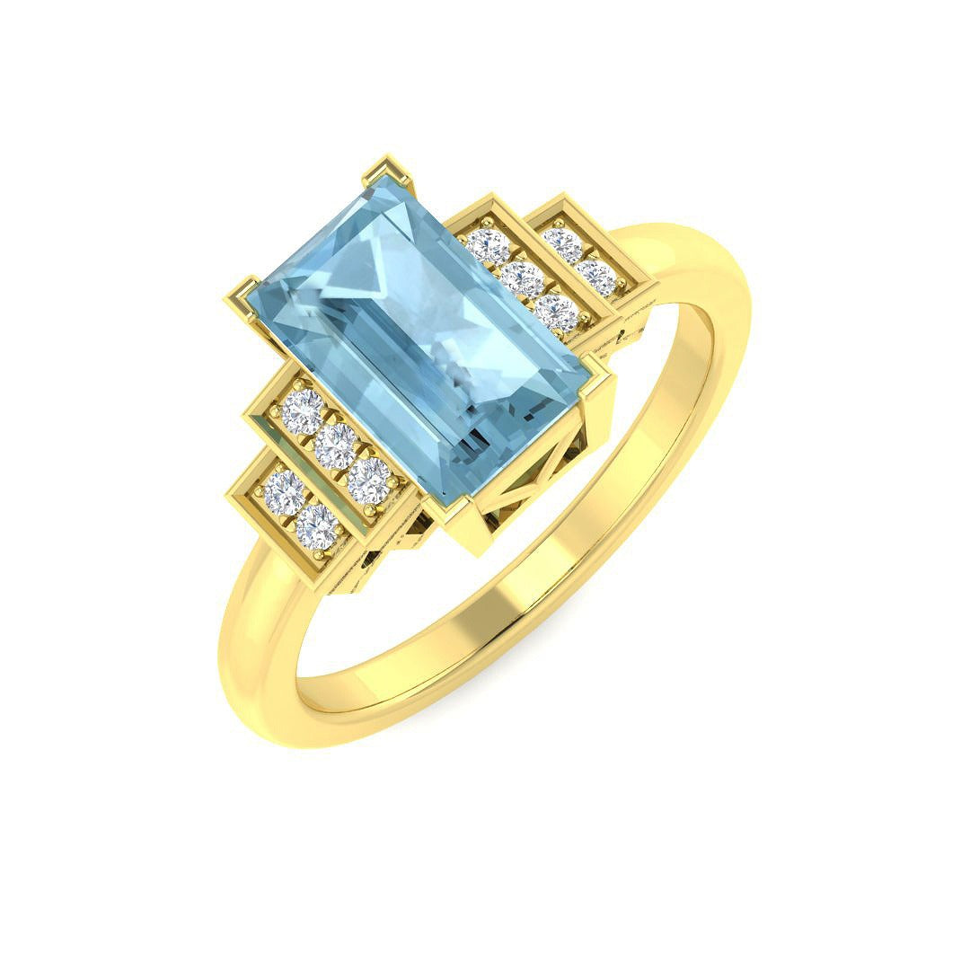 Gold Baguette Cut Aquamarine Ring with Diamond Pave Band