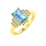 Gold Baguette Cut Aquamarine Ring with Diamond Pave Band