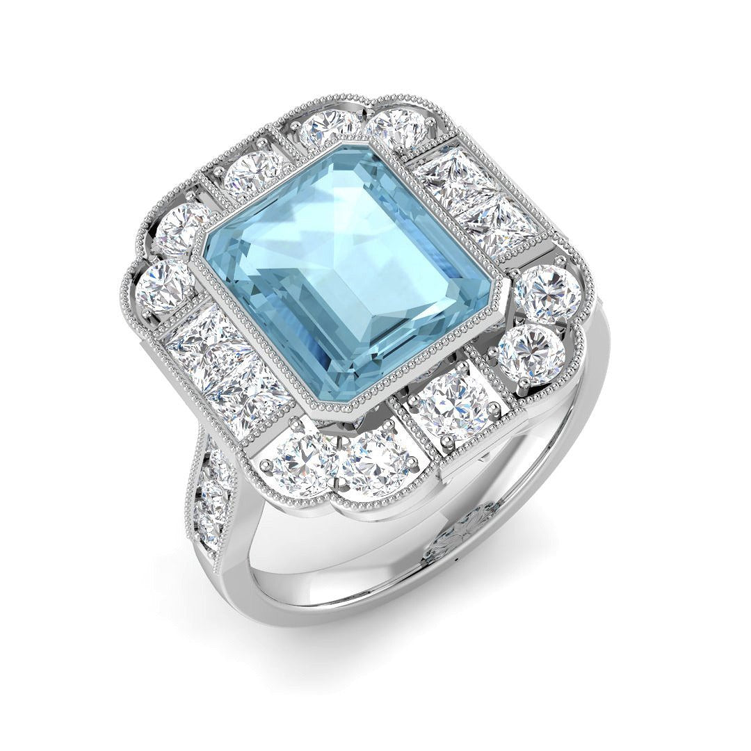 Diamond Beskize Aquamarine Ring | 3.5ct | Hallmarked Gold & Platinum