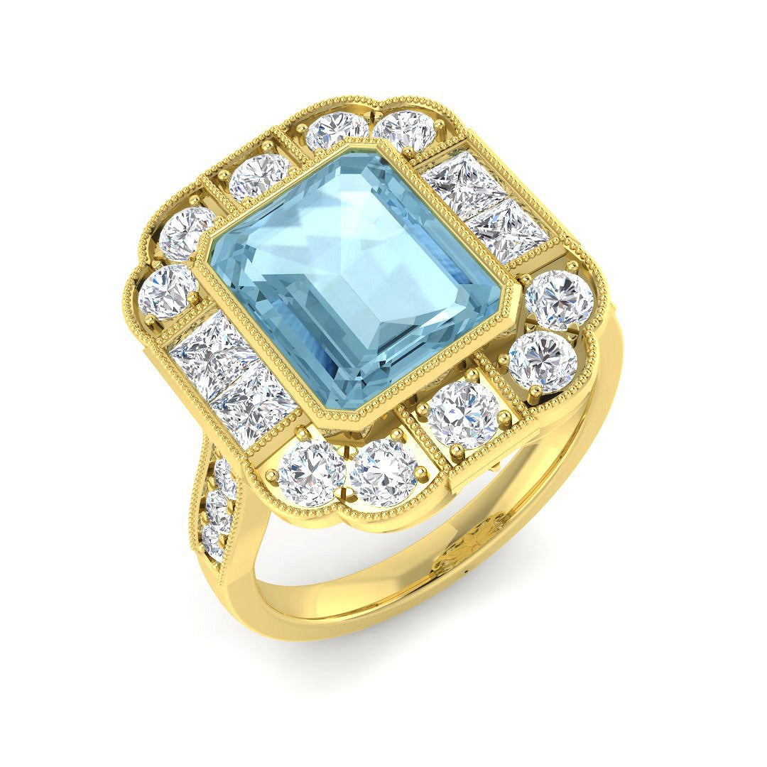 Diamond Beskize Aquamarine Ring | 3.5ct | Hallmarked Gold & Platinum