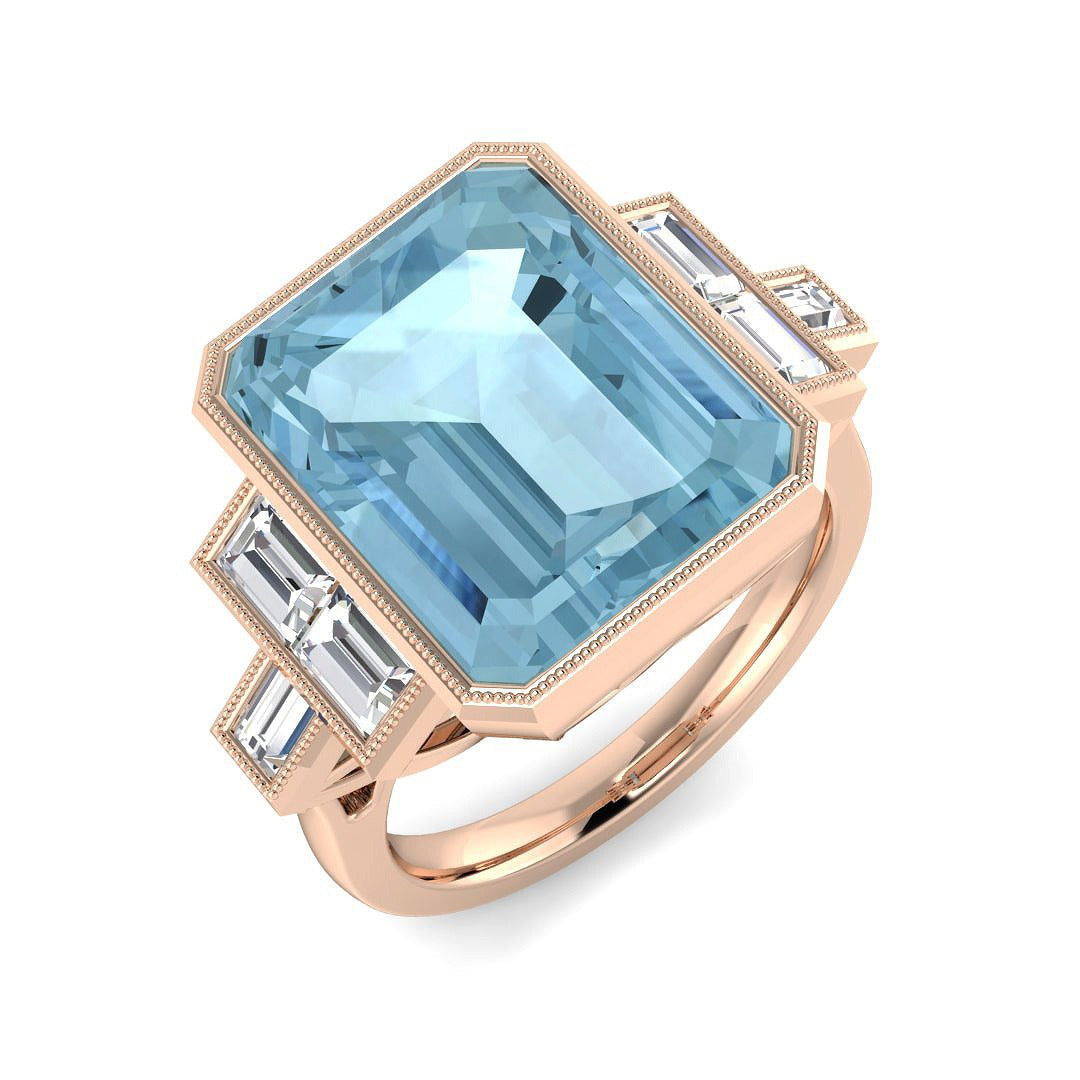 Art Deco Emerald Cut Aquamarine Diamond Ring