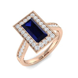Vintage Emerald Cut Blue Sapphire Halo Diamond Engagement Ring - UK Made