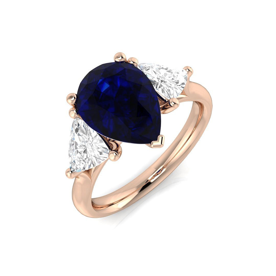 Pear Cut Blue Sapphire Ring with Trillion Cut Side Stone Trilogy Ring | UK Hallmarked