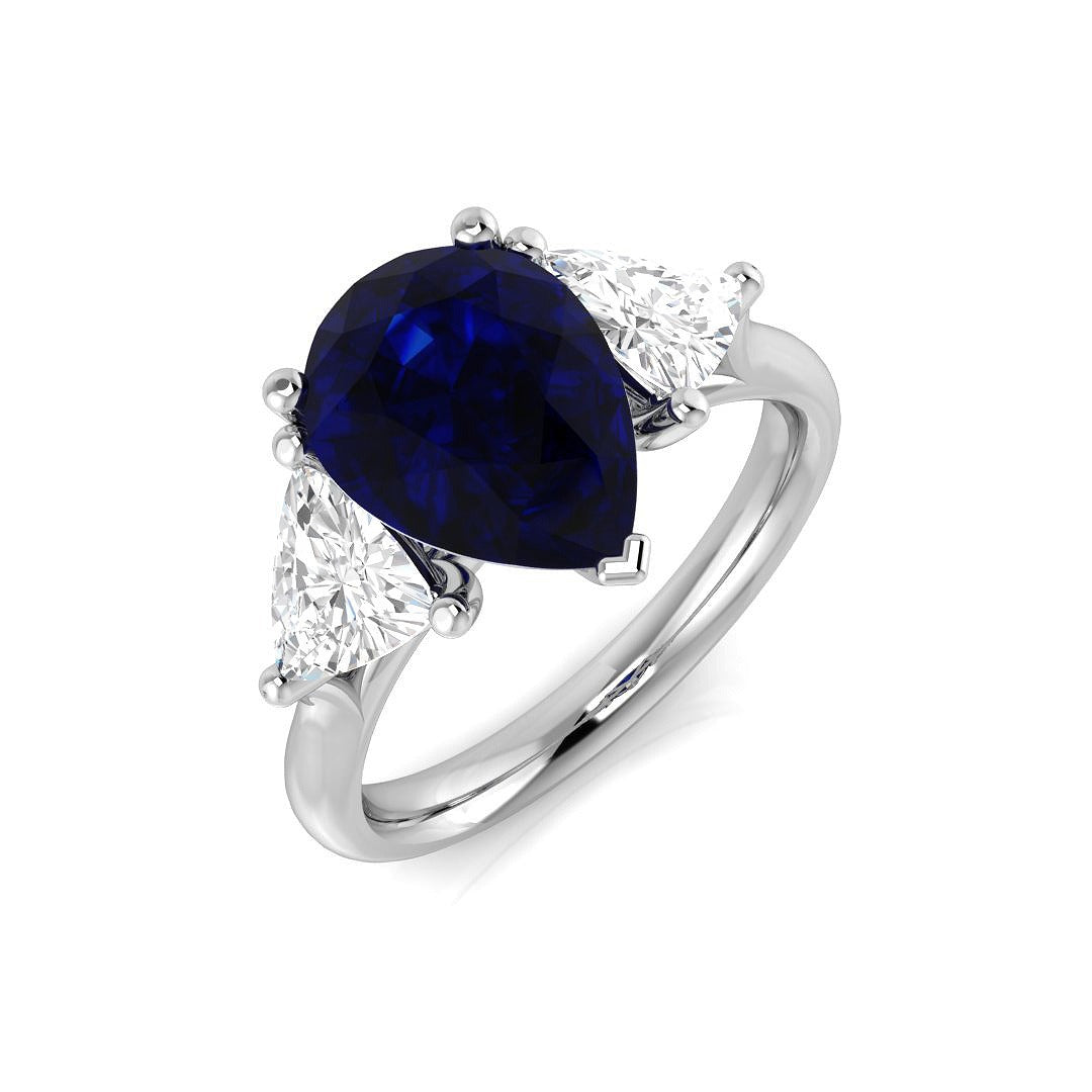 Pear Cut Blue Sapphire Ring with Trillion Cut Side Stone Trilogy Ring | UK Hallmarked