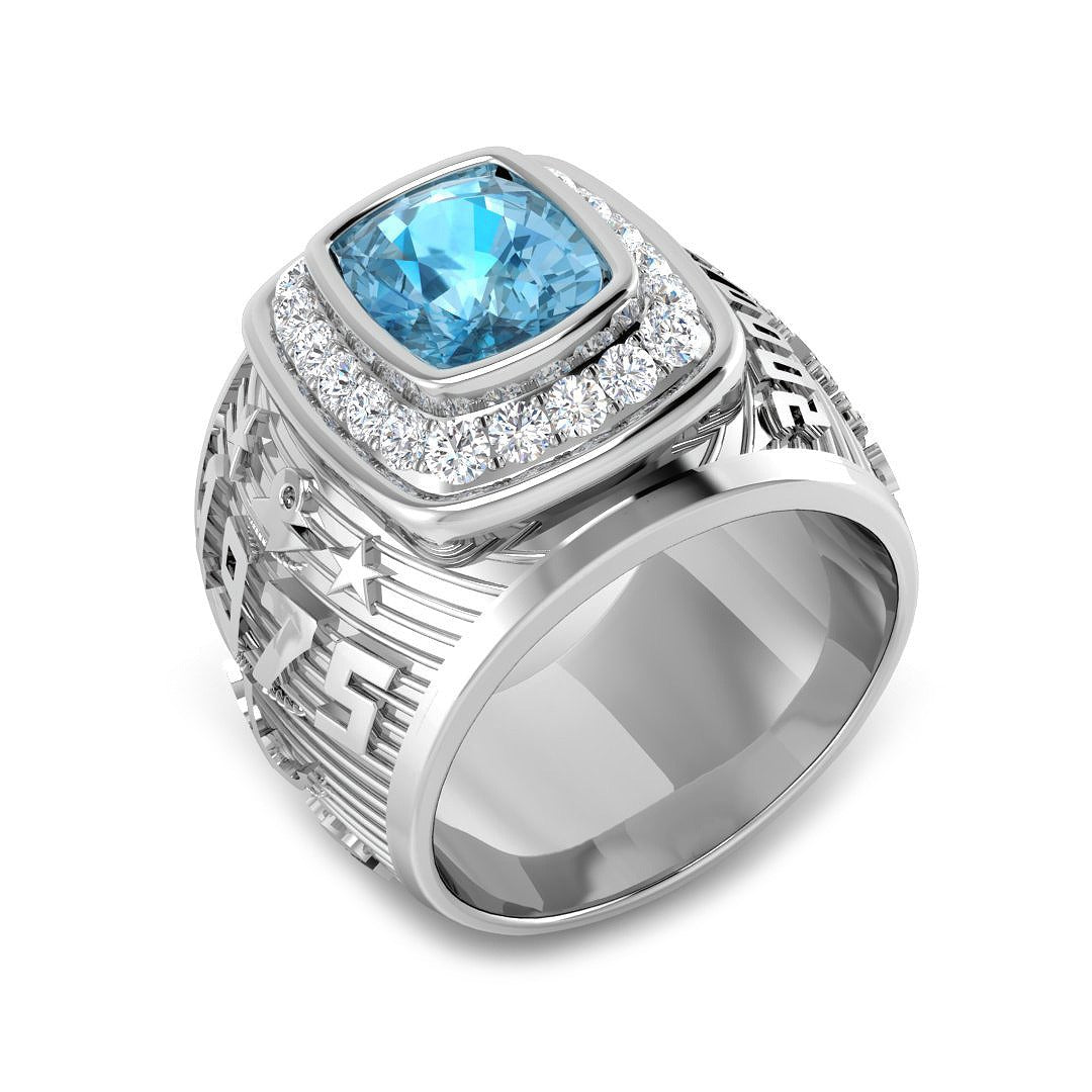 Cushion Cut Blue Topaz Ring with Pave Diamonds in Platinum