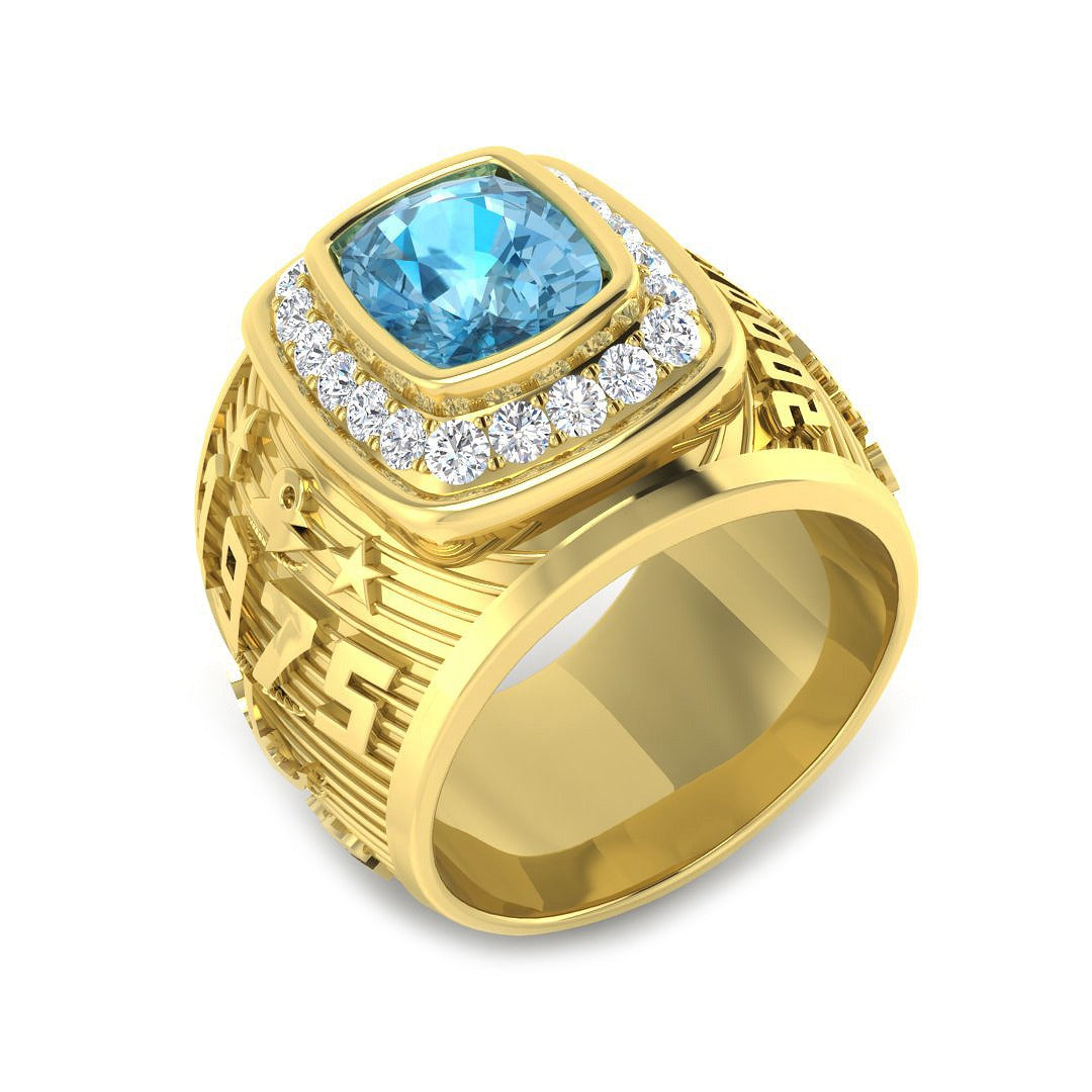Cushion Cut Blue Topaz Ring with Pave Diamonds in Yellow Gold