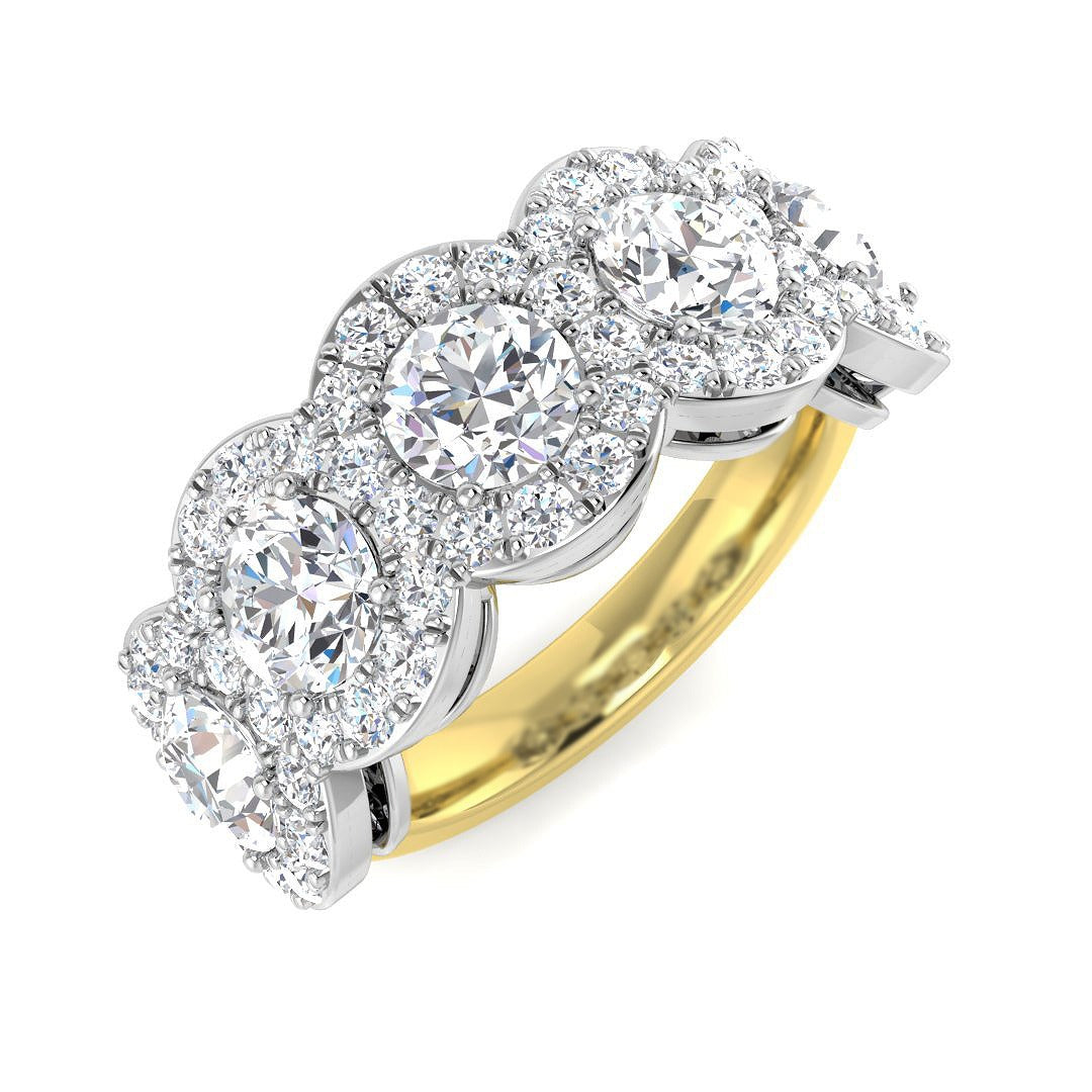 Five Stone Halo Diamond Ring 3.5ct | Round Brilliant Cluster Design | UK Hallmarked