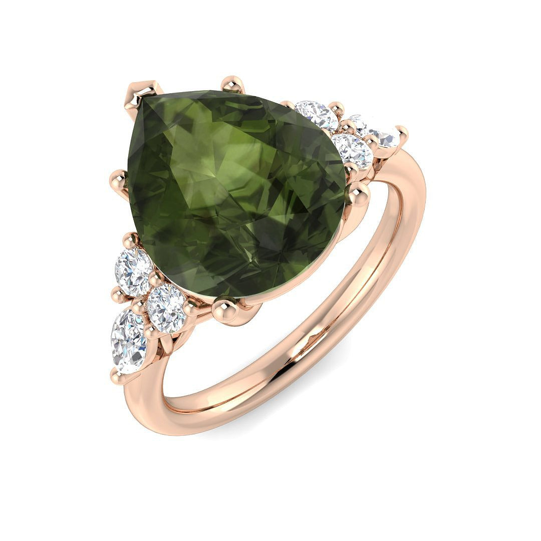 Lab-Grown Green Tourmaline Pear Ring | Halo Round Diamond | 9K 18K Platinum