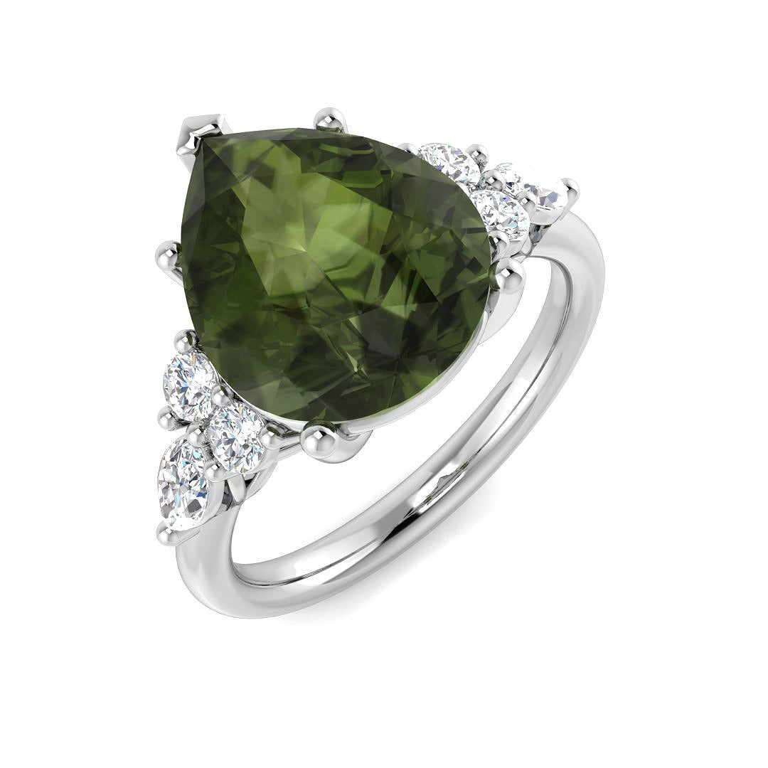 Lab-Grown Green Tourmaline Pear Ring | Halo Round Diamond | 9K 18K Platinum