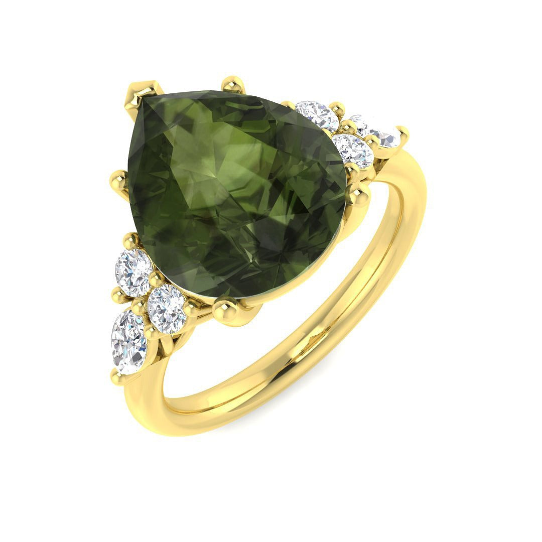 Lab-Grown Green Tourmaline Pear Ring | Halo Round Diamond | 9K 18K Platinum