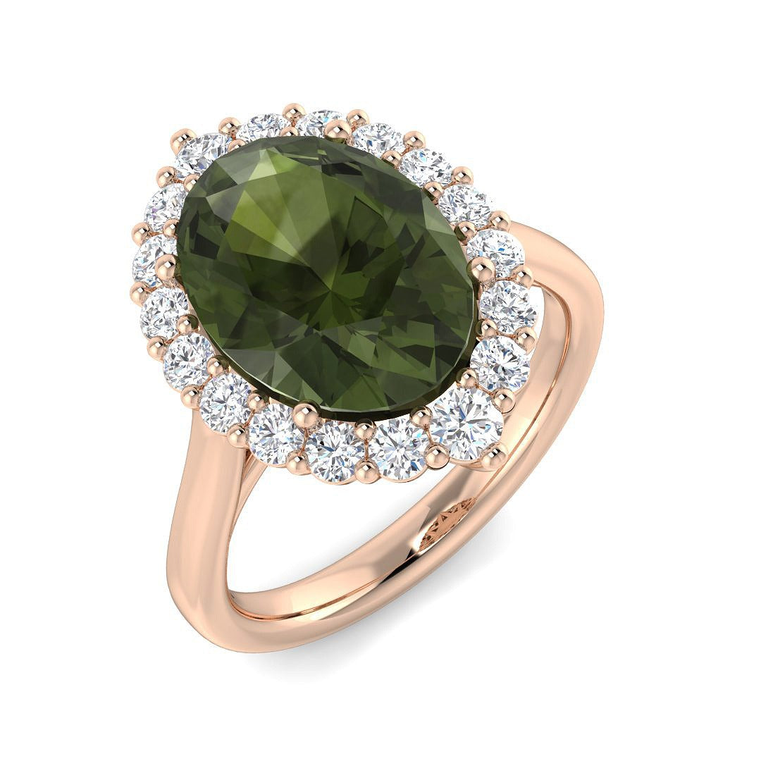 Oval Green Tourmaline Ring with Round Halo Diamonds | Lab & Natural